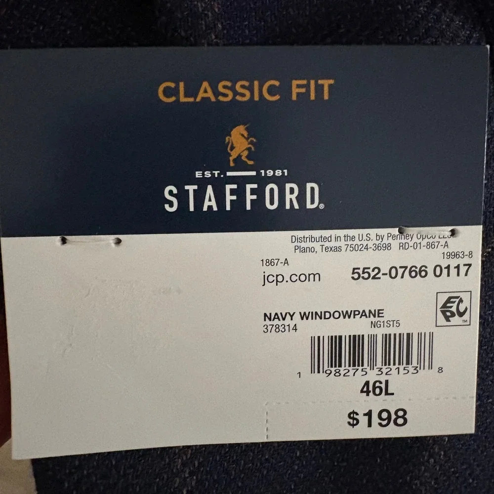 Stafford Mens Navy Windowpane Wool Blend‎ Sport Coat Blazer 46L Classic Fit NEW